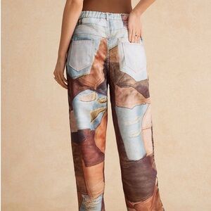 Patchwork-Print Wide Leg Jeans in Brown & Blue